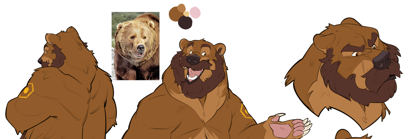 A half shot of a reference for Doc the Bear. He is a smiling brown bear, with a big bushy beard, a singular ear stud in the left ear, and a big smile. He also has a gold tattoo of a diamond the shape of a rupee, with a gold circle in the middle.