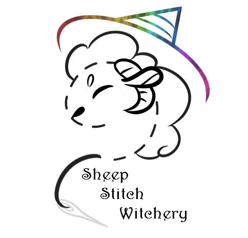 A minimalist logo of a sheep wearing a rainbow hat, leading into a needle and thread near the words "Sheep Stitch Witchery" in curled font.