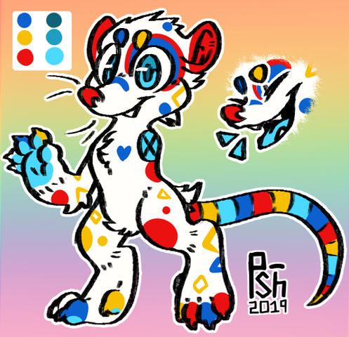 An opossum adoptable with lineart by Psh on deviantart. The possum is mainly white, but has several yellow, red and blue elemens like spots, triangular and square markings. The adoptable features both a 3/4ths view and a view of the opposum's head, laughin