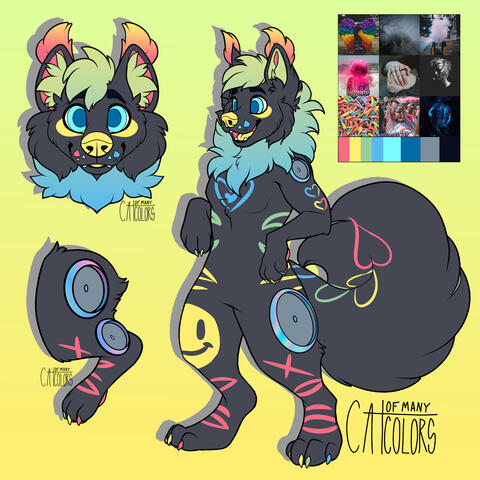 A dubdog adoptable with lineart by Cat Of Many Colors. The dubdog is mostly black, with a green-to-blue gradiant make and hair, bright blue eyes, and details in rainbow colors. There is a smiley face on the knee. The adoptable features a fullbody view, a h