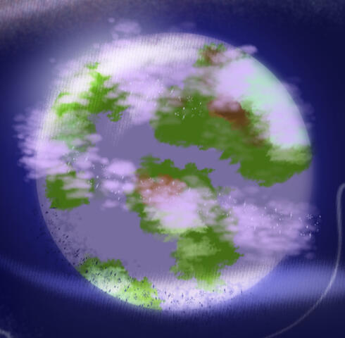 A planet drawn for the Cambimorph species website. The planet is putple with dark green and brown masses of land on it, with a cloudy atmosphere. It glows slightly, and there is a shine across the upper left corner.