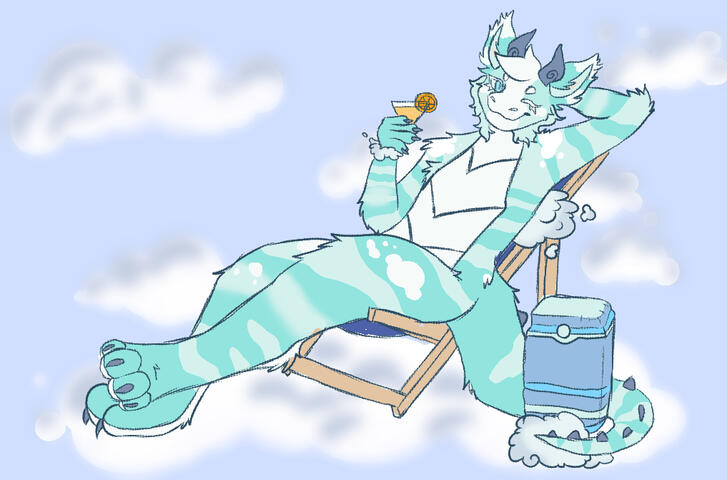 It's a digital drawing of a light blue cloud dragon winking at the viewer and holding an orange cocktail glass, with its tail wrapped around a cooler, sitting in a lawn chair on fluffy white clouds in the sky.