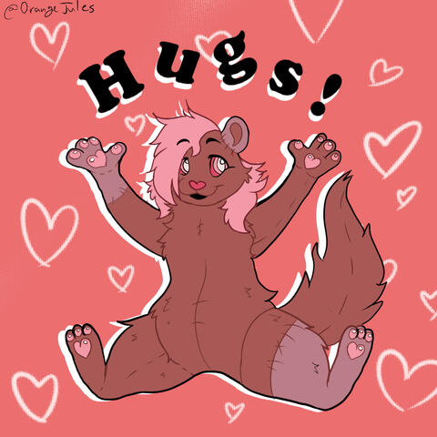 A digital drawing of a brown plush ferret with pink shoulder length messy hair and grey-brown patchwork on its left leg, right arm, and left ear. It's holding its arms out with a big smile on its face, legs spread in a plushie-sitting position with its tai
