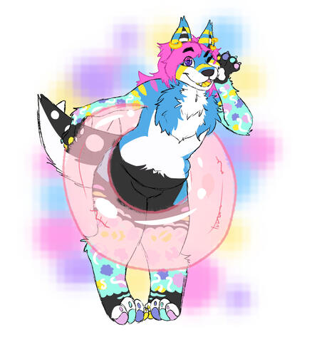 Digital art of Xemme the sparkledog. They are winking at the camera, are multiple colors such as blue, white, black, yellow, cyan, lavenday and fluorescent pink. They wear an inner tube around their waist, smiling and waving to the camera.